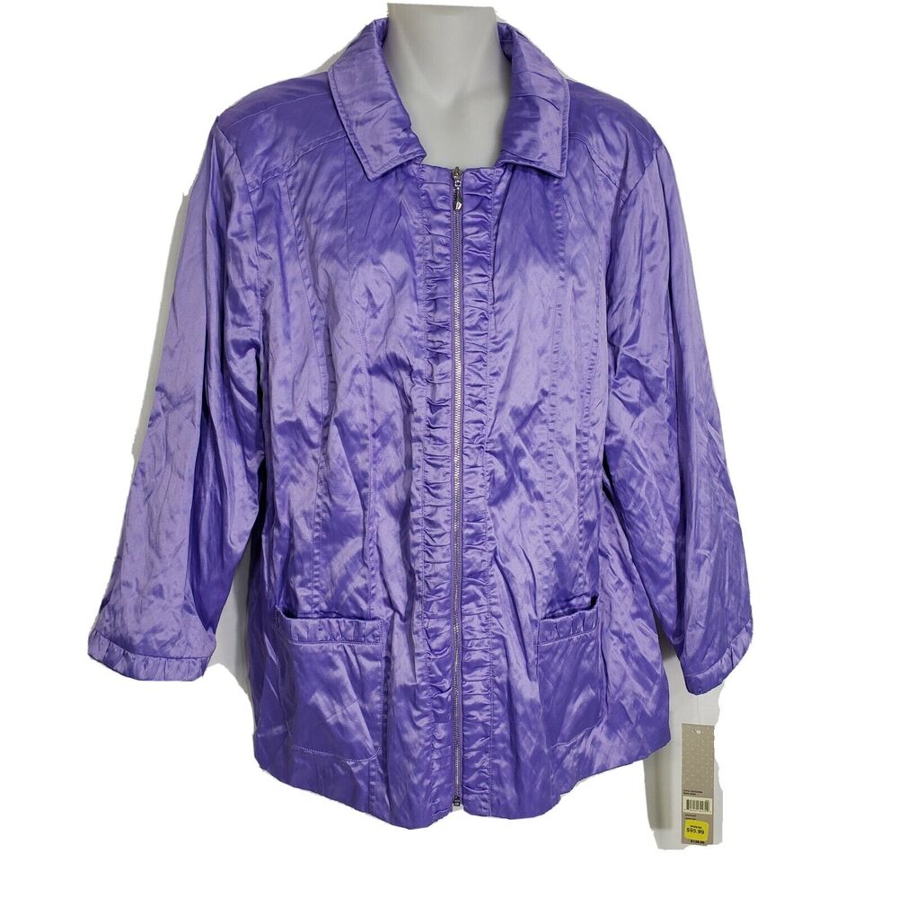Laura Ashley Womens Jacket Sz XL Purple Sky Light Weight Lined Metallic Crinkle